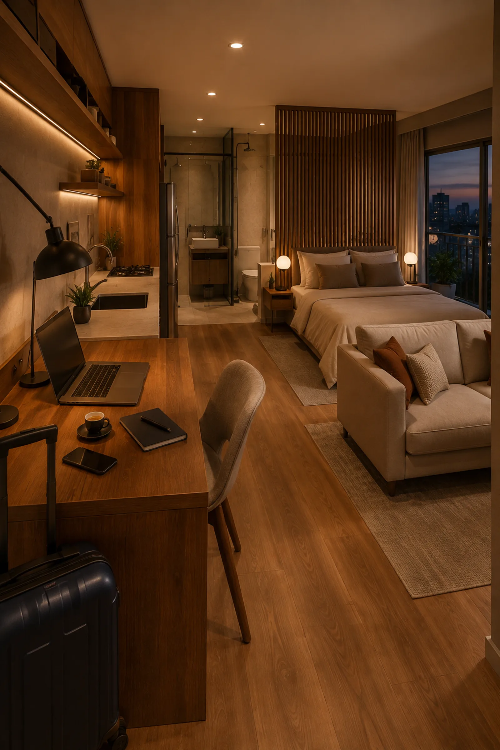 Studio Luctor com mala de viagem, cozinha e varanda ao entardecer, para o perfil executivo