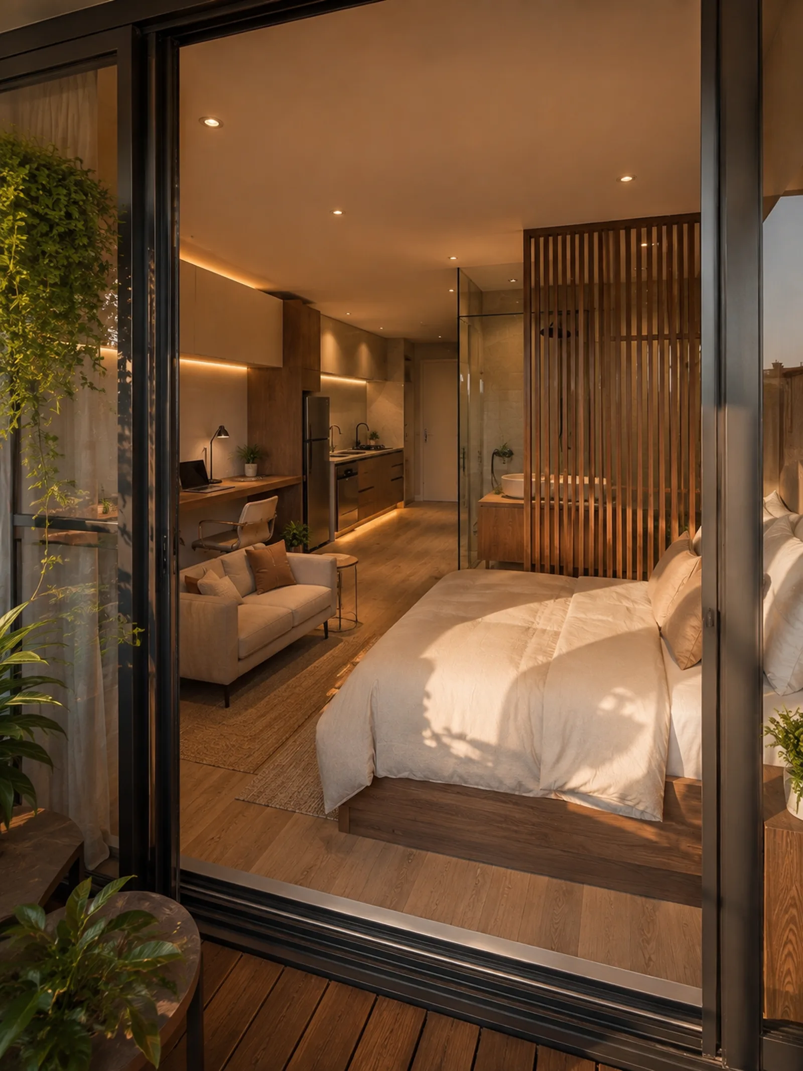 Varanda com plantas integrada ao interior do studio Luctor em luz dourada